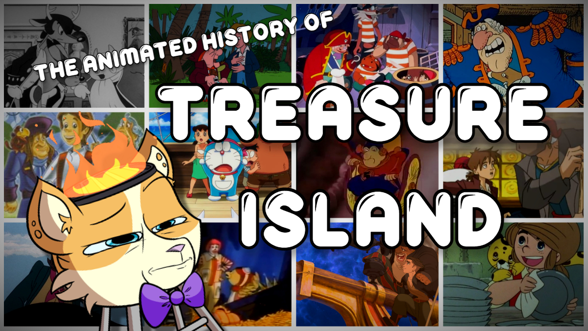 A picture of an anthropomorphic grill above pictures from various animated versions of Treasure Island
